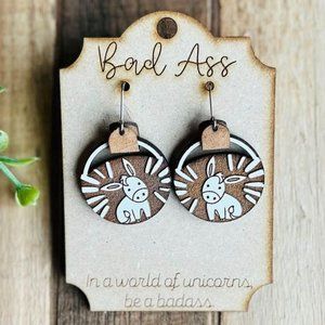 New wood engraved circle badass little donkey earrings with positive affirmation